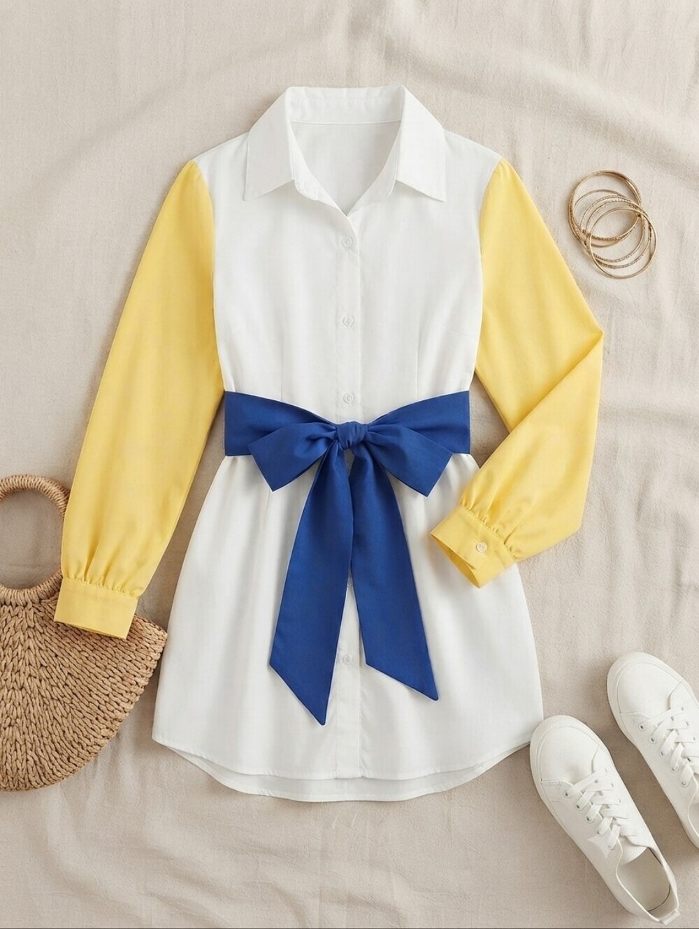 Denimland Yellow White Blue Button Up Tunic Shirt Dress
